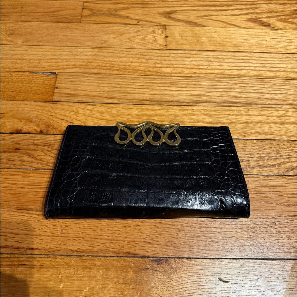 Crocodile-Embossed Leather Vintage Clutch gold 4-ring knuckle duster handle 80s